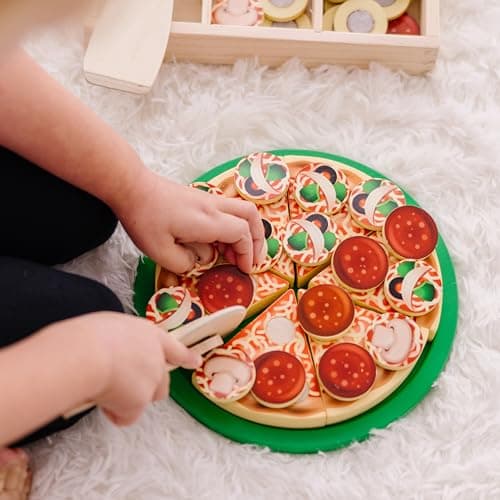 Melissa & Doug Pizza En Bois, Aliments en bois pour enfants, Jouet éducatif et créatif, Jouets en bois, Jouets de développement, Jouet Montessori, Cadeau pour garçons et filles de 3 4 5 6 7 ans
