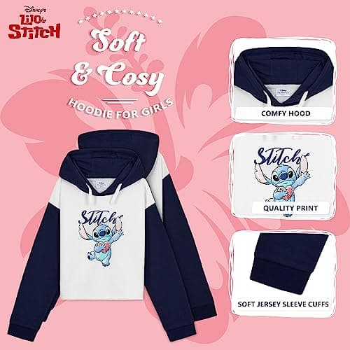 Disney Sweat à Capuche Fille Stitch, Pull Stitch, Crop Top Fille, Vêtements Mode Fille et Ado 7-14 Ans (Navy/Blanc, 7-8 Ans)