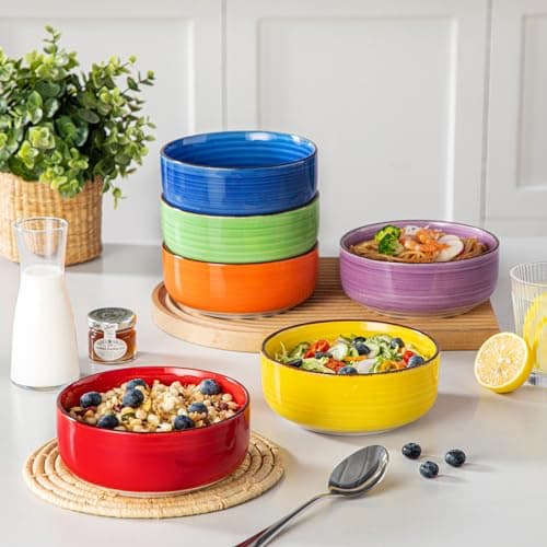 vancasso Série BONITA Lot de 6 Bols à Petit Déjeuner en Grès de 720 ml, 14.6cm Bol Ramen, Bol à Céréales, Passe au Lave-vaisselle et au Micro-ondes, pour Salade, Porridge, Riz, Multicoloré
