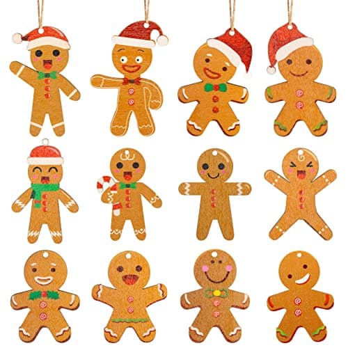 Décoration Sapin Noël en Bois,Ornements à Suspendre pour Sapin de Noël, 12pcs Bonhomme en Pain D'épice Ornements pour la Fête de Noël et la Décoration Intérieure