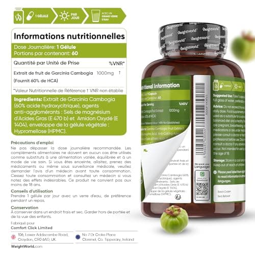 Garcinia Cambogia Extrait 60% HCA - 60 Gélules Vegan - Garcinia Cambogia Extra Fort Riche en Acide Hydroxycitrique - Source Vitamine C et Chrome - 1000mg/ Jour (2 Mois) Idéal Pour Diet Detox, Keto