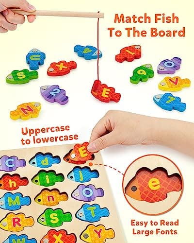 Coogam Magnetic Lettres numériques Jeu de pêche, Livres en Bois ABC Lettres numériques Montessori Jouets éducatifs 3 4 5 Ans Enfants