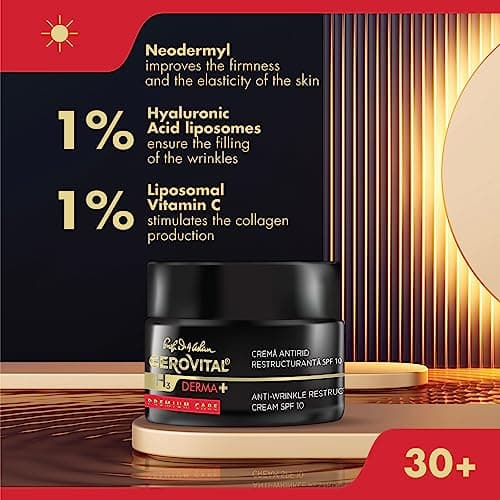 Crème Visage Anti-Rides Restructurante SPF 10, Réduit les Rides, Restaure l'Elasticité et la Fermeté de la Peau, 50 ml, Gerovital H3 Derma+ Premium Care