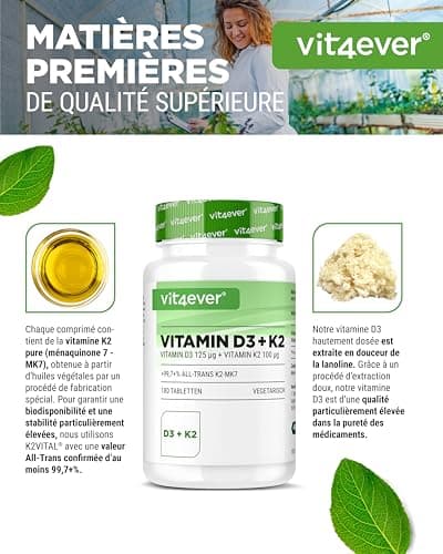 Vitamine D3 + K2 Depot - 180 comprimés - Matière première de première qualité : 99,7+% All-Trans (K2VITAL® de Kappa) - Avec 5000 U.I. de vitamine D3 par comprimé - Hautement dosé