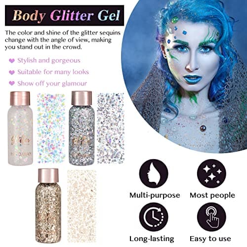 Getervb 3 Pièces Gel Paillettes Visage Festival Body Glitter Gel Paillette Cosmétique Chunky Glitter Liquide Paillette Maquillage Cheveux Ongles Lèvres Makeup (Blanc+Argent+Champagne)