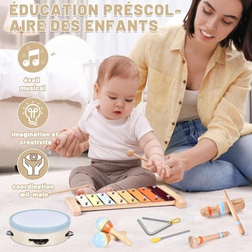 Joellfuner Instrument de Musique Bebe, Jouet Musique Bois Enfant, Montessori Jouet Musique, Percussion Bois avec Xylophone, Musique Anniversaire Cadeau pour Fille Garçons 3+
