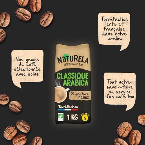 NATURELA - Café Grains Bio - Classique Arabica - 100% Arabica - Gamme Signature - Torréfaction Lente - Fabriqué en France - 1 kg