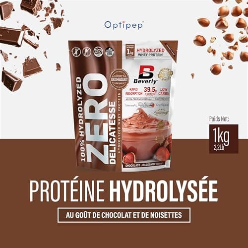Beverly ZERO DÉLICATESSE | 1 kg | 85% de protéines de lactosérum hydrolysées | Avec Digezyme et Tolerase | Masse et force musculaire | Mixeur offert (CHOCOLAT NOISETTE)