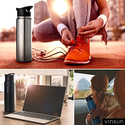 VINSUN Gourde Isotherme 1l - Gourde Inox avec Paille (3 Bouchons) - Étanche, sans BPA, Reutilisable - Bouteille d'eau Isotherme pour Sport, Randonnée, École, Bureau