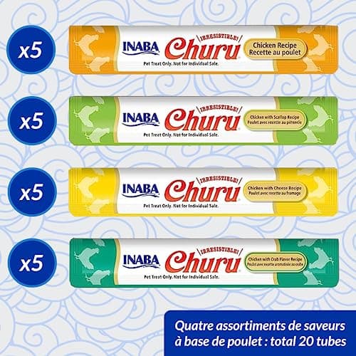 INABA Churu - Friandises pour Chats en Purée aux 4 Saveurs de Poulet - Délicieux Snacks pour Félins - Texture Lisse et Onctueuse - Nourriture pour Chats - 20 Tubes x 14g