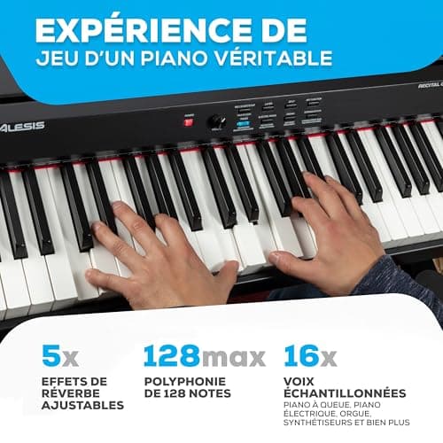 Alesis Recital Grand – Piano numérique 88 touches de taille authentique à mécanique graduée à marteau, 16 sons de clavier piano et enceintes intégrées