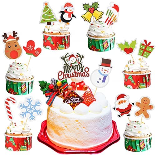 KEELYY Noël Cupcake Topper 30 Pcs Decoration Gateau Noel Santa Deer Tree Cloches Joyeux Noël Drap Cure-Dents, pour Décorer Dessert Gâteau De Noël Fête
