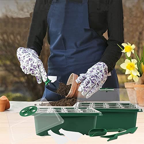 Shengou 10 Pièces Mini Serre pour Semis,Mini Serre pour Plantes,Kit Bac à Semis,Plantes Plateaux à graines avec,avec Outils de Jardinage et 20 étiquettes,Mini Plateau de Serre 12 Trous,Plateau Semis