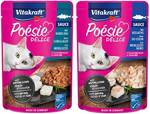Vitakraft Poésie Délice - Repas en sauce pour chat adulte - Assortiment de poissons labellisé MSC : cabillaud et colin - Recette sans céréales ni sucre ajouté (6 x 85g)