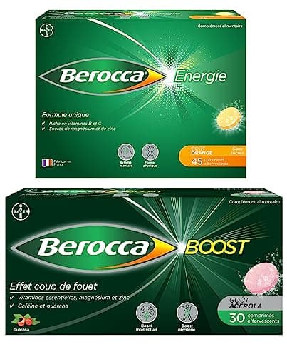 Berocca® Energie Orange + Berocca® Boost Guarana Caféine - Multivitamines - Aide à réduire la fatigue - Vitamine C, B et Minéraux - 30 + 45 comprimés Effervescents NE PAS ASSOCIER