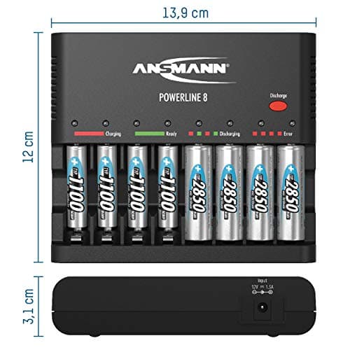 ANSMANN Chargeur de Piles Powerline 8 (1 PCE) – Chargeur Intelligent pour 1 à 8 Piles rechargeabkes NiMH AA/AAA – Chargeur Auto avec Programme de Charge et décharge
