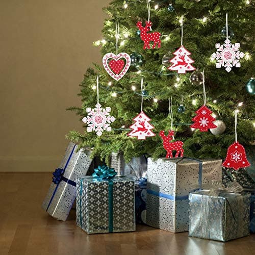 24 pcs Noël en Bois Decoration Sapin de Noel Rouge Blanc Bois Pendentifs d'arbre Decoration pour Sapin Ornement Suspension Noël Suspendu Arbre de Festival Décoration Artisanat Fête Christmas Deco