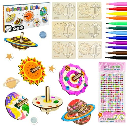 Ulikey 12 Pièces Gyroscope en Bois pour Enfants, Peinture Bricolage Anniversaire Activites Manuelles pour Enfants, Kit de Bricolage en Bois Gyroscope Planétaire Cadeau pour Enfants 5 6 7 8 9 10 Ans