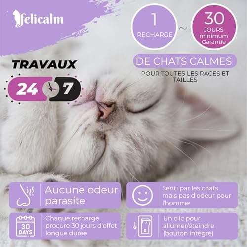 FELICALM Paris -Nouvelle Formule de PHEROMONE pour Chat et Chaton -DIFFUSEUR Intelligent ECONOMIQUE SECURITAIRE + Recharge de 48 ML- Anti Stress pour Chat- CALMANT- Bonheur et Harmonie.