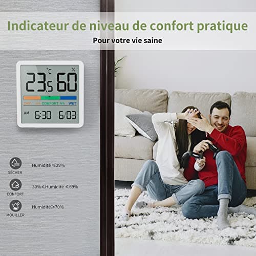NOKLEAD Hygromètre Thermomètre d'intérieur, thermomètre numérique de bureau avec moniteur de température et d'humidité, thermomètre d'ambiance à jauge d'humidité précise (1, Blanc, 7cm)