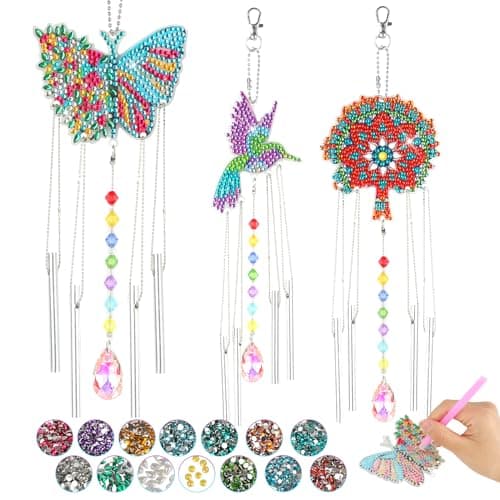 3 Pcs Diamond Painting Carillon à Vent, Diamant Peinture Carillon à Vent Deux Faces, DIY Peinture Diamant Pendentif, Diamond Painting Wind Chime pour Fenêtres, Patio, Jardin