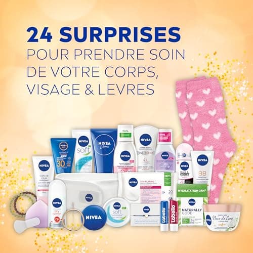NIVEA Calendrier de l'Avent 2024 pour 24 jours de surprises, Coffret cadeau NIVEA pour patienter jusqu’à Noël, Calendrier de l'Avent beauté femme avec soins visage corps & lèvres