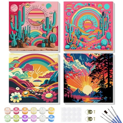 GHHKUD 4 Pack Paysage Peinture à Numéros Enfants Adultes Débutants, DIY Peinture Acrylique pour Adultes Enfants débutants Facile sur Toile avec peintures et pinceaux, Kits de Loisirs Créatifs 20×20cm