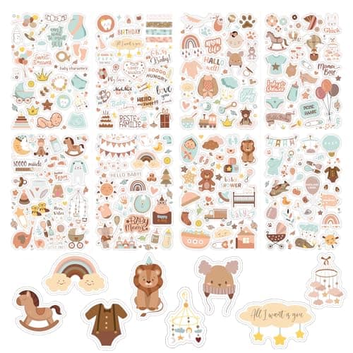 Goiern Lot de 4 212 autocollants pour albums photo pour enfants et bébés - 8 feuilles DIN A4 - Autocollants de scrapbooking à personnaliser, autocollants de scrapbooking pour bébé (marron)