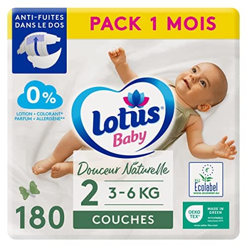 Lotus Baby Douceur Naturelle - Couches Taille 2 (3-6 kg/Nouveau-né) Pack 1 mois - 180 couches
