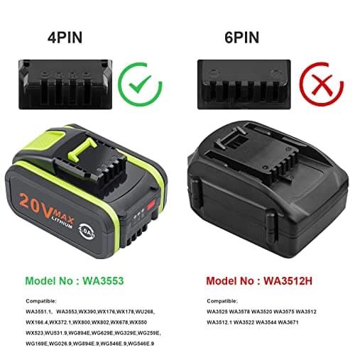 LabTEC Lot de 2 batteries de rechange 20 V 4000 mAh/4.0 Ah pour Worx 20 V WA3551, WA3551.1, WA3553, WA3553.2, WX372.1, WX80000 WX80000 WX3 WX3 WX80000 WX3 WX3 802 WXS. 678 WX550 WX523 WU531.9 WG894E