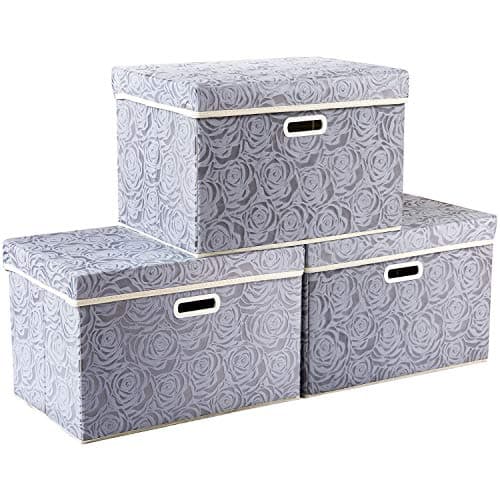 Prandom Grandes boîtes de rangement pliables avec couvercles [3 paquet] Organisateur de cube de bac de rangement décoratif en tissu, gris 43 x 30 x 30 cm