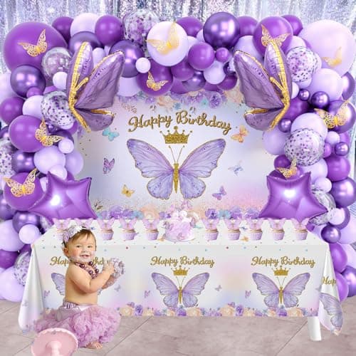 Décoration Anniversaire Violet, Ballon Anniversaire Fille Violet avec Happy Birthday Toile de fond, Nappe Papillon, Décoration de Gâteau Papillon pour Filles Femme Anniversaire Fête Parti Décoration
