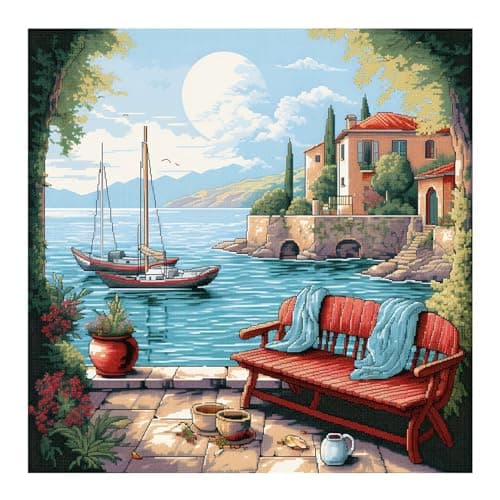 cukol cukol Canevas Broderie Point de Croix Kit Complet Adulte Debutant Compté Pré Imprimé Estampillé Moderne Débutant avec Fils, Facile 11ct Paysage de Rivage Cross Stitch Loisirs Créatifs Set 40x40