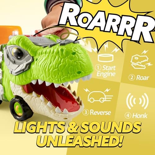JOYIN Mini Camion de Transport de Dinosaures avec 6 véhicules Jouets en Caoutchouc Souple, avec Musique et Son Puissant, lumières Clignotantes, Cadeaux pour garçons et Filles à partir de 2 Ans(orange)