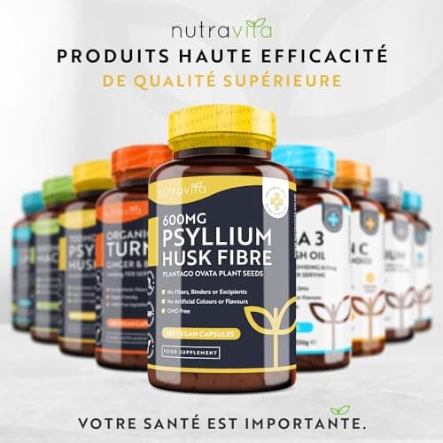 Psyllium Blond Bio 1400 mg par Dose - 180 gélules végane - Fabriqué à partir de graines de Plantago Ovata 100% pures − Fabriqué au Royaume-Uni par Nutravita