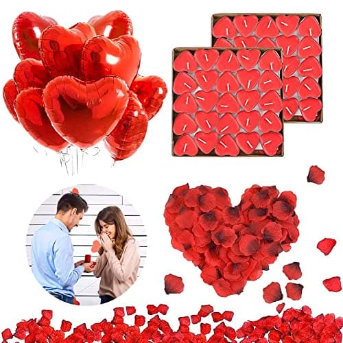 RANJIMA Décoration Romantique, Deco st Valentin Rouge, 1000 Pétale de Rose, 50 Bougies en Forme de Coeur, 10 Ballons Coeur Rouges pour Saint Valentin D'anniversaire Déco Fiançailles et Mariage