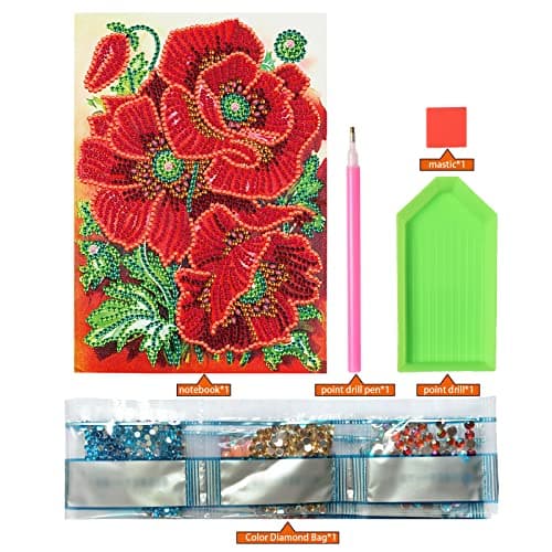 DCIDBEI Carnet de Notes 5D à Faire Soi-même Carnet Croquis A5 Blanko Diamond Painting Fleurs Coquelicots Enfants Avec Strass Carnet Secret Fille Notebook pour Fournitures Scolaires