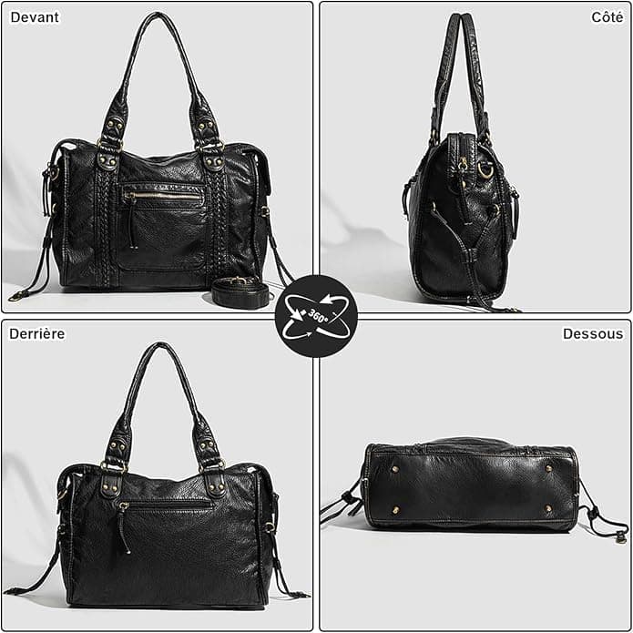 Sac a Main Femme Cuir PU, Sac a Main pour Les Cours Lycee College | Grand City Bag Vintage Noir, avec Bandoulière Réglable, pour École et Travail