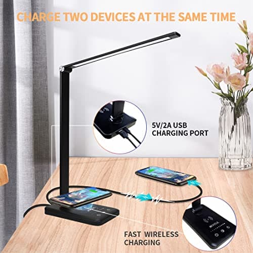 Lampe de Bureau LED avec Chargeur sans Fil, Lampes de Bureau Dimmable 10 Niveaux de Luminosité 5 Modes de Couleur, Lampe de chevet Avec Port USB et Fonction Minuterie, Flexible Contrôle Tactile