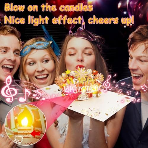 Shinybox Carte 3D Joyeux Anniversaire avec Lumières et Musique Blowable LED, Cartes D'anniversaire Pop-up 3D avec Enveloppe et Étiquette de Note pour Enfants, Femmes, Hommes, Épouse, Maman