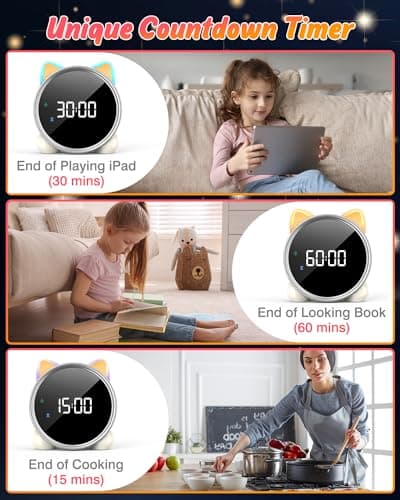 LEMNOI Réveil Educatif Jour Nuit Reveil Enfant Chatte 5 Couleurs Lumineux LED Lampe de Chevet avec Musique,Double Alarme,Température,Fonction Snooze