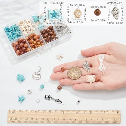 SUNNYCLUE 1 boîte 6 ensembles de Kit de Fabrication de Bracelets Océaniques, Perles de Tortue de Mer, Breloques en Forme D'Étoile de Mer, Perles en Bois, Perles D'Océan D'Été, Perles D'Animaux Marins,