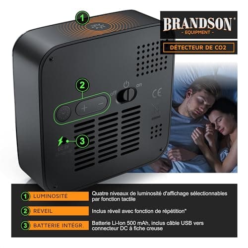 Brandson - Moniteur de qualité de l'Air 5 en 1, Détecteur de CO2, Moniteur de Dioxyde de Carbone, Température, Humidité - USB - pour Maison, Bureau, Salle de Sport, Voiture