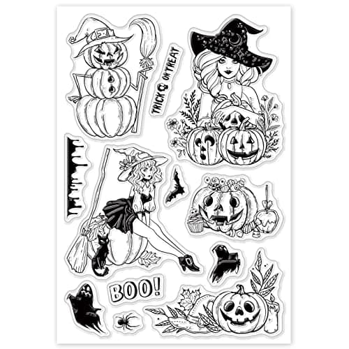 ORIGACH Tampon transparent en silicone transparent pour la fabrication de cartes, Halloween, sorcière, citrouilles, fantômes, bricolage, scrapbooking, journal, album photo, décoration