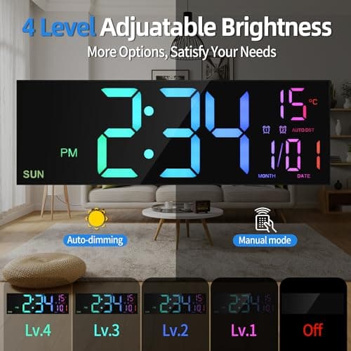 HAITANG Grande Horloge Murale numérique de 16" pour Salon, télécommande, Double Alarme, 8 Couleurs RVB, Grand écran LED, luminosité Automatique, Date, Heure d'été Automatique, température