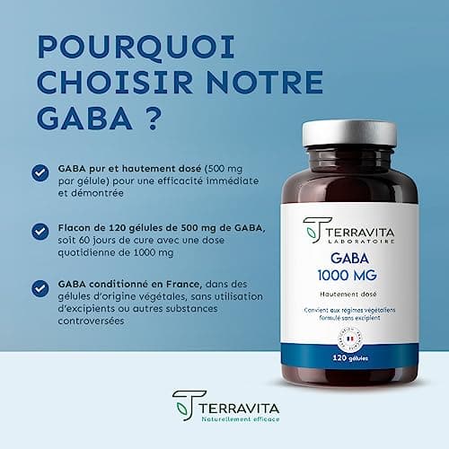 GABA 1000 mg | 120 Gélules | 100% Pur sans Excipients | Lutte contre le Stress et la Nervosité | Favorise une Humeur Positive et un Sommeil Réparateur | Cure de 2 mois | Made in France | Terravita