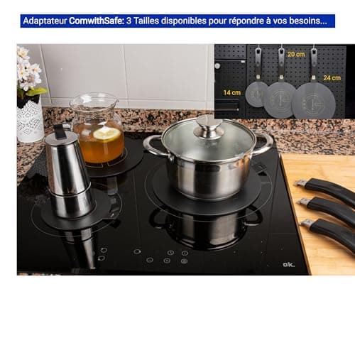 Adaptateur Induction 20 cm avec Poignée Amovible Isolante - Ne CHANGE PAS de Couleur après utilisation -Plaque Diffuseur de Chaleur avec Revêtement Haute Température Noir - Disque Relais Induction/gaz