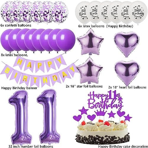 Décoration 11 ans anniversaire fille violet,Décoration anniversaire 11 ans fille violet Ballons 11 anniversaire violet,11 ans Ballon Decoration fille,violet Decoration gâteau 11 anniversaire fille
