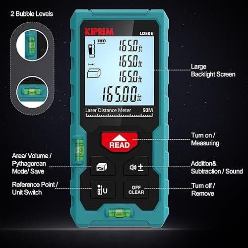 Télémètre Laser Mètre Laser 50M Numérique avec 2 Niveaux à Bulle,Mesure de Longeur Surface Volume Pythagore Kiprim LD50E