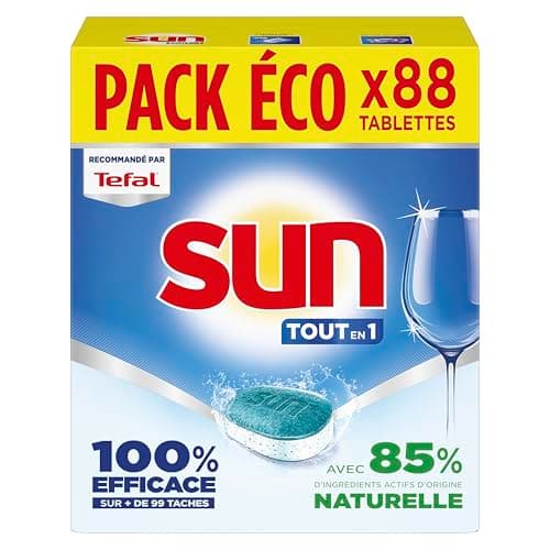 SUN - pastilles lave-vaisselle Tout en 1 Regular - 88 tablettes - avec 85% d'ingrédients d'origine naturelle - 100% efficace sur + de 99 taches - Fabriqué en France